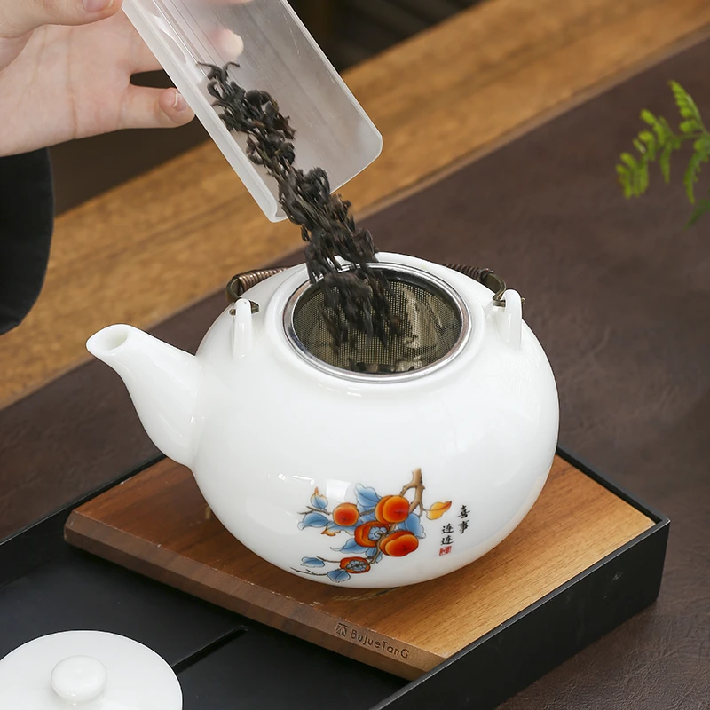 家用办公大号日式羊脂玉不锈钢内胆陶瓷提梁茶壶泡茶壶单壶750ml