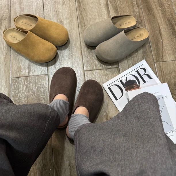 法式包头博肯拖鞋女2025新品韩版牛皮包头半拖