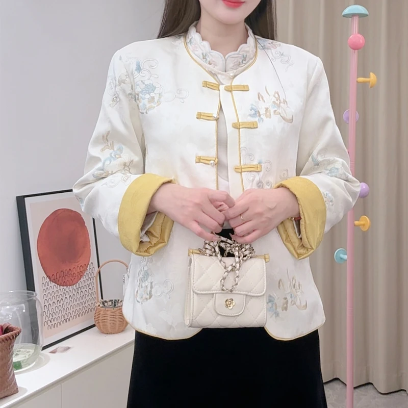 古风正肩夹棉外套秋冬加棉新中式外套国风提花外套刺绣复古上衣