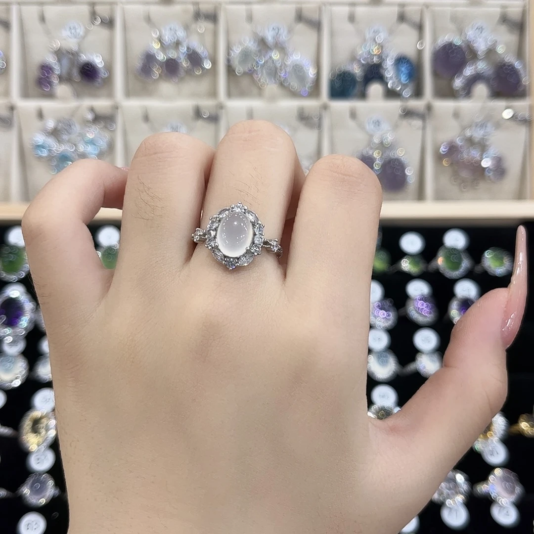 岫玉银S925镶嵌戒指繁花爆款