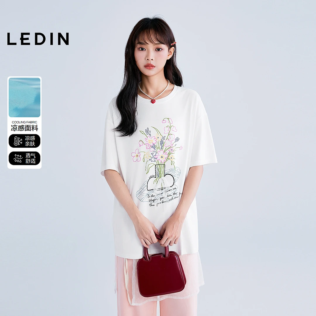 【商场同款】乐町凉感T恤线稿花卉宽松短袖夏季白色上衣C1CNF2603