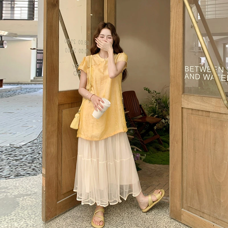 新中式国风旗袍上衣网纱半裙套装2025夏季新款优雅气质显瘦两件套