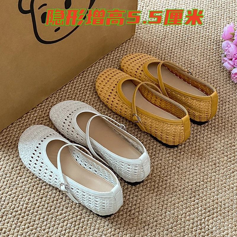 不累脚！隐形内增高5CM玛丽珍鞋女2025夏季编织镂空透气芭蕾舞鞋