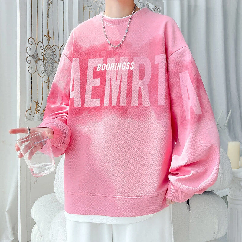 重磅圆领长袖T恤男士春秋季潮牌宽松青少年高初中学生卫衣上衣服