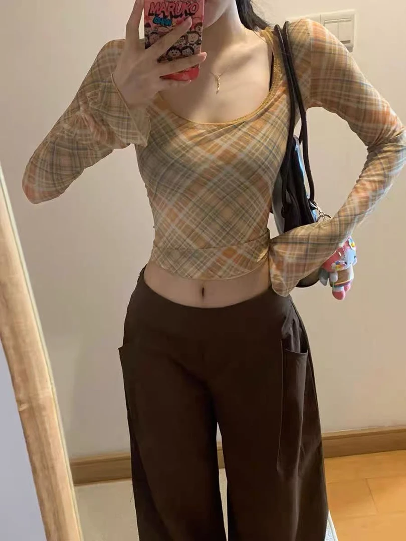 美式辣妹格纹网纱长袖t恤女早秋高级感修身显瘦内搭打底衫上衣潮