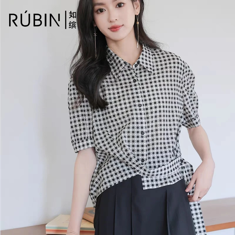 如缤RUBIN2024夏季款正品女短袖格子衬衫百搭显瘦上衣6L23C68276