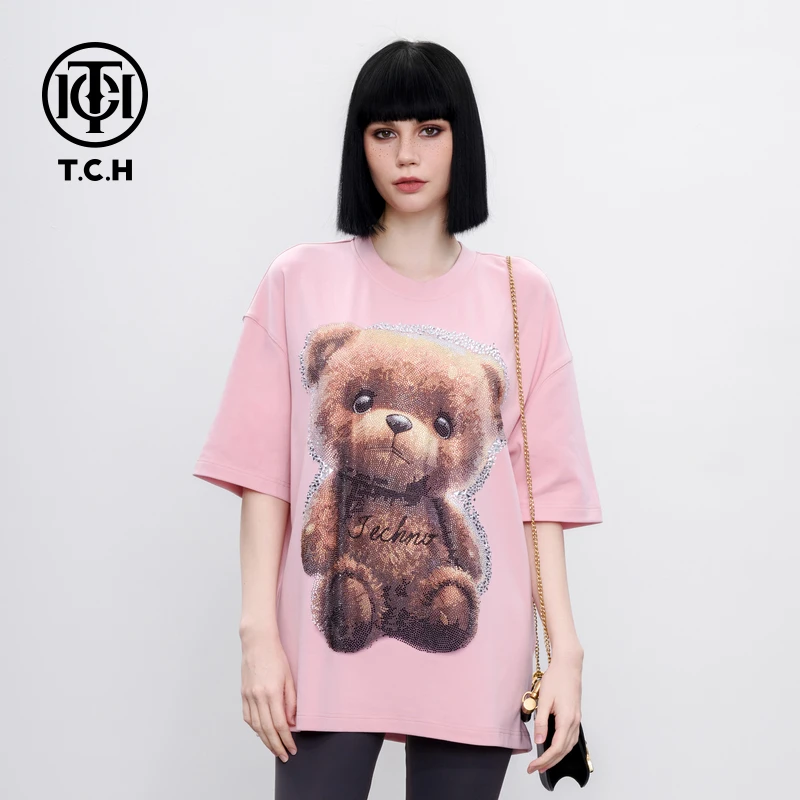 TCH轻奢烫钻工艺卡通小熊百搭圆领短袖T恤男女T75B106142私服tch