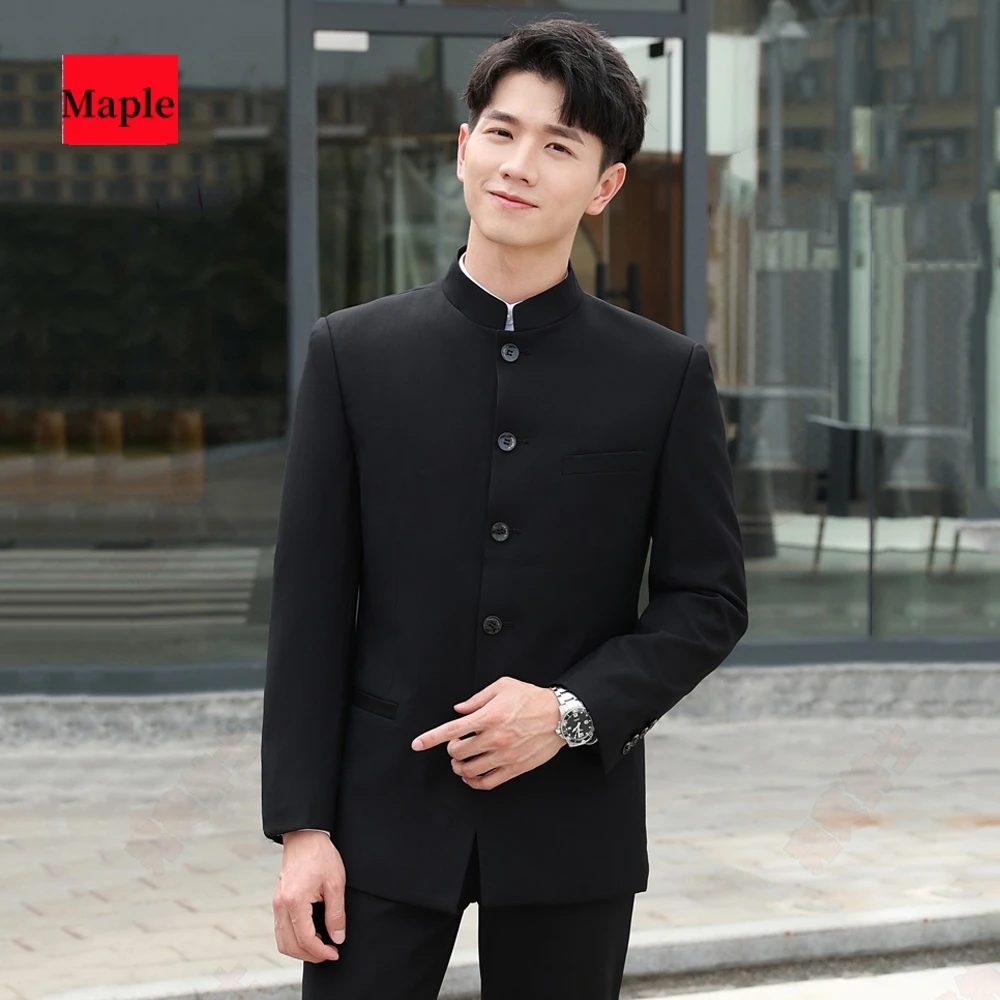 中国风唐装男青年套装民国风表演出服中式结婚礼服黑色立领中山装