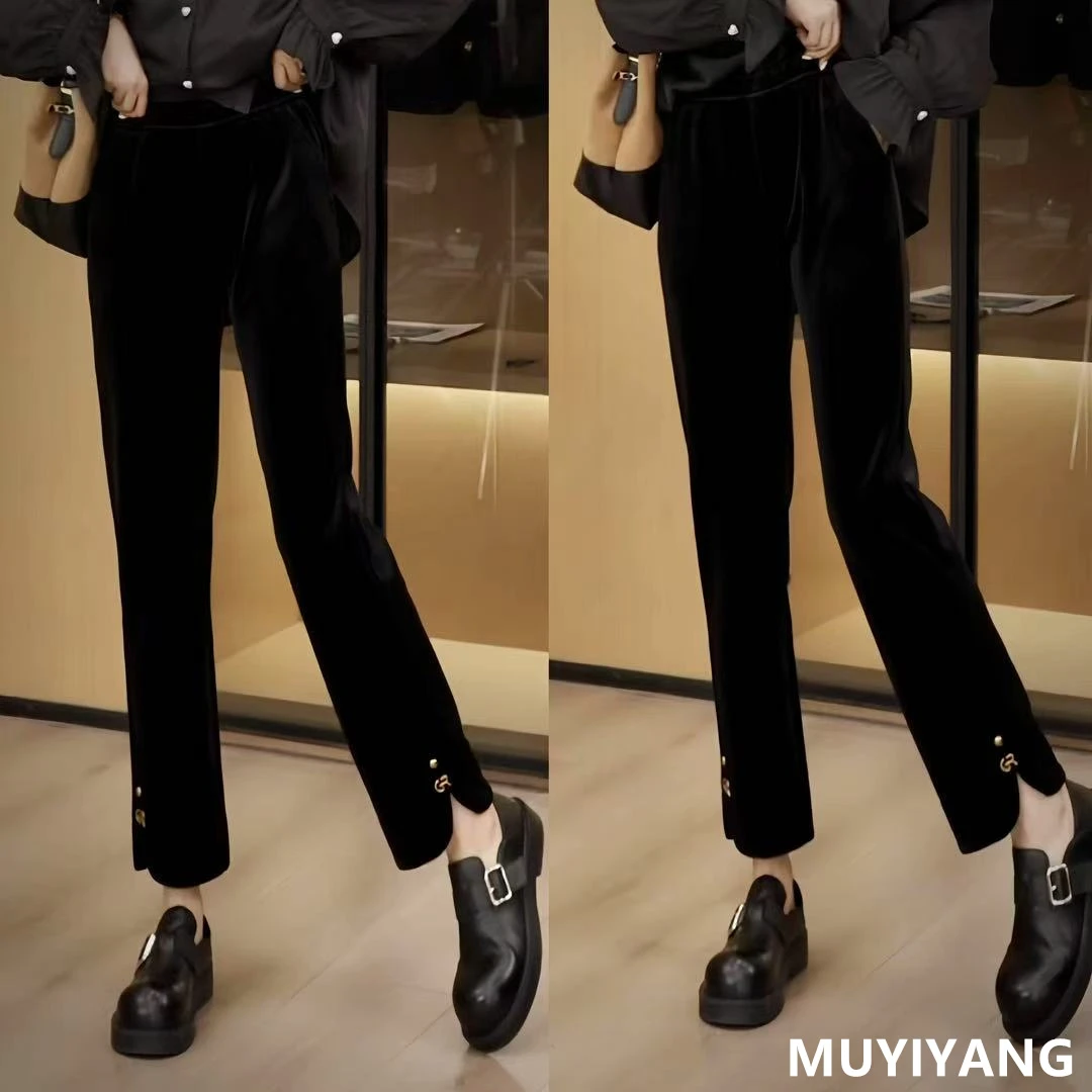 【R字裤】小众高级感百搭丝绒显瘦直筒休闲裤 裤长90 25-453#