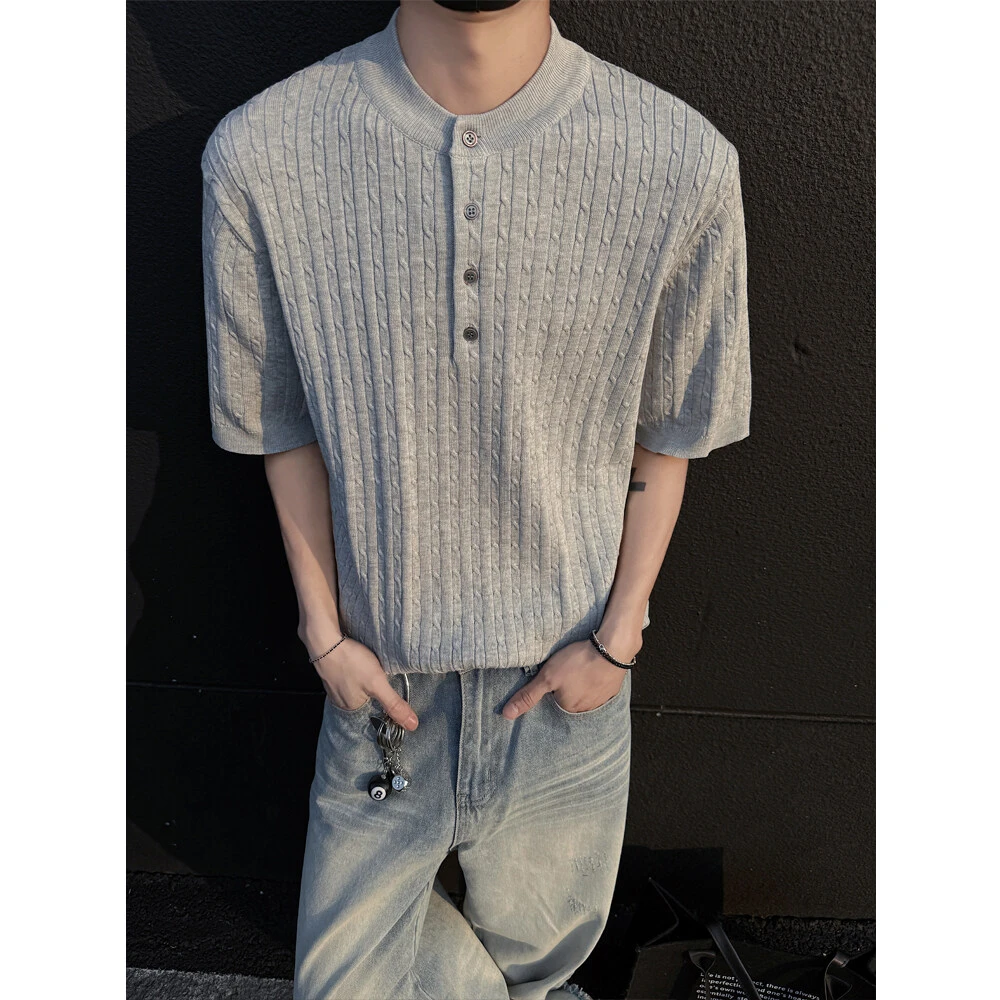 cleanfit浅灰色麻花亨利领短袖男夏季老钱风t恤高级感男士POLO衫