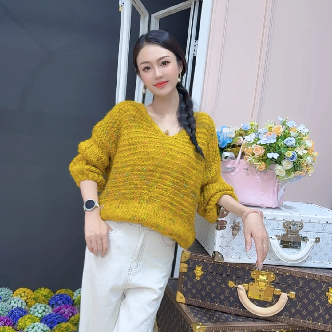 秋冬V领设计花线百搭慵懒针织毛衣 31998
