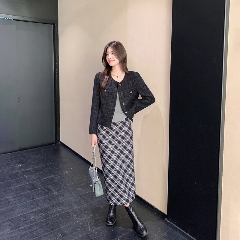【现货清仓】【格织雅态】复古撞色格纹毛呢半身裙