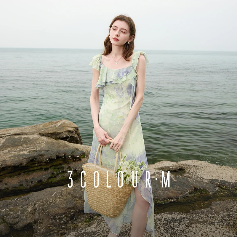 三彩2025夏季新款晕染雪纺连衣裙荷叶边方领A字裙法式长裙度假女M