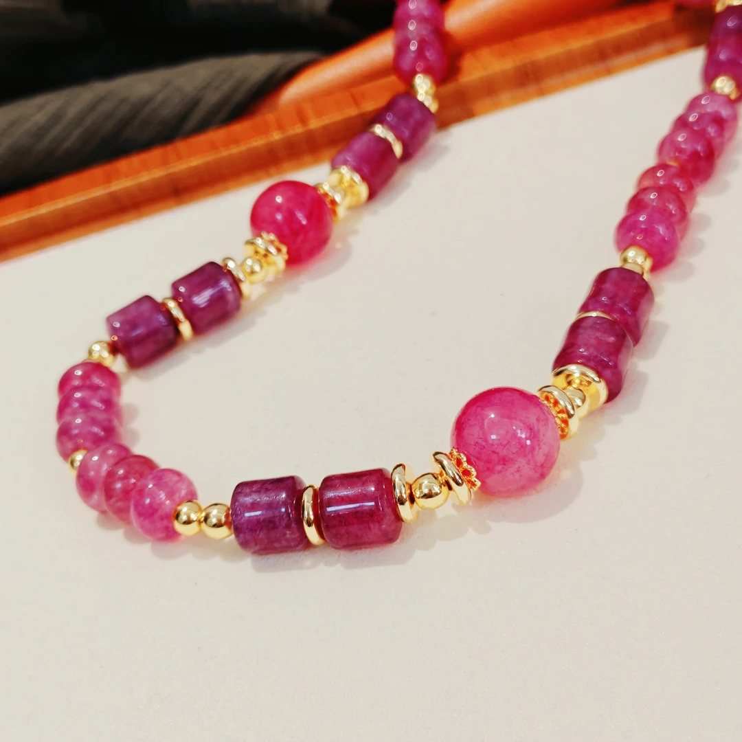 钛钢石英石项链 时尚百搭复古气质素款国风红粉色珠项链XL550