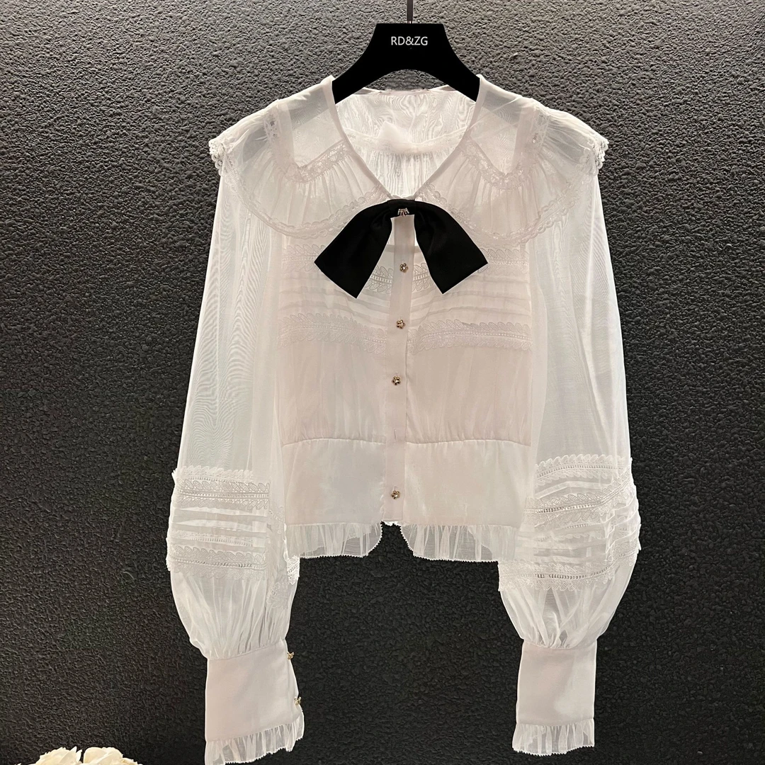 25新款 白色娃娃领蕾丝拼接黑色蝴蝶结灯笼袖短款衬衫女