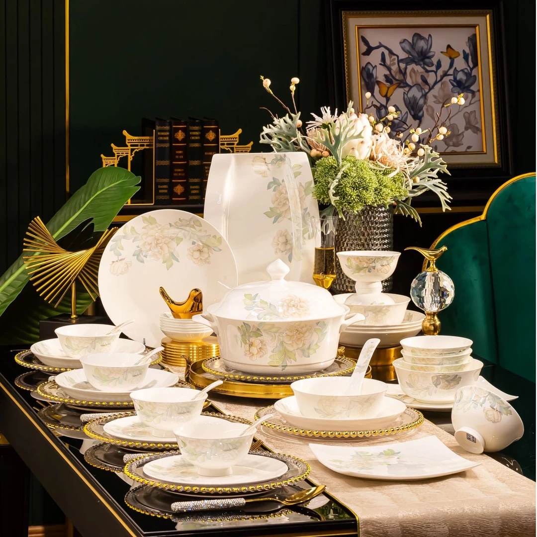 梦幻花影70+56件景德镇高温高档轻奢骨瓷乔迁送礼碗盘碟餐具套装