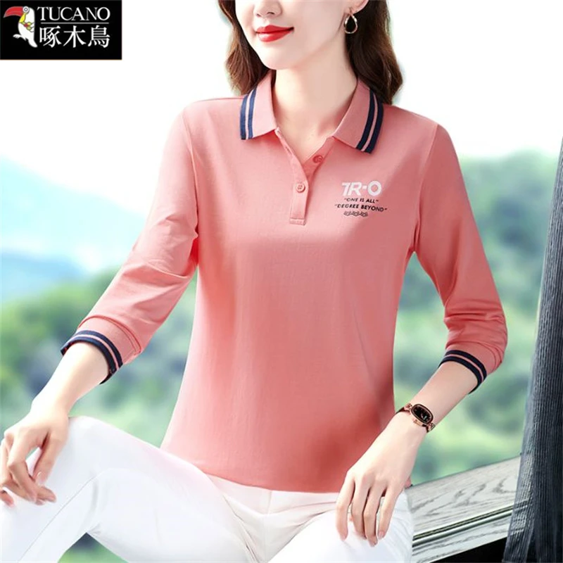 啄木鸟简约刺绣长袖T恤2025年秋季新款中年减龄打底衫翻领上衣女