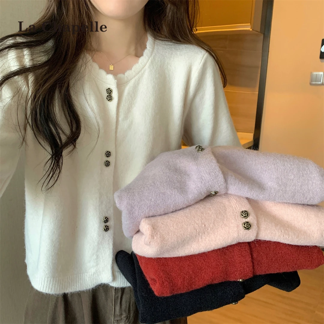 拉夏贝尔韩版休闲百搭温柔风圆领长袖针织开衫女秋冬毛衣外套上衣