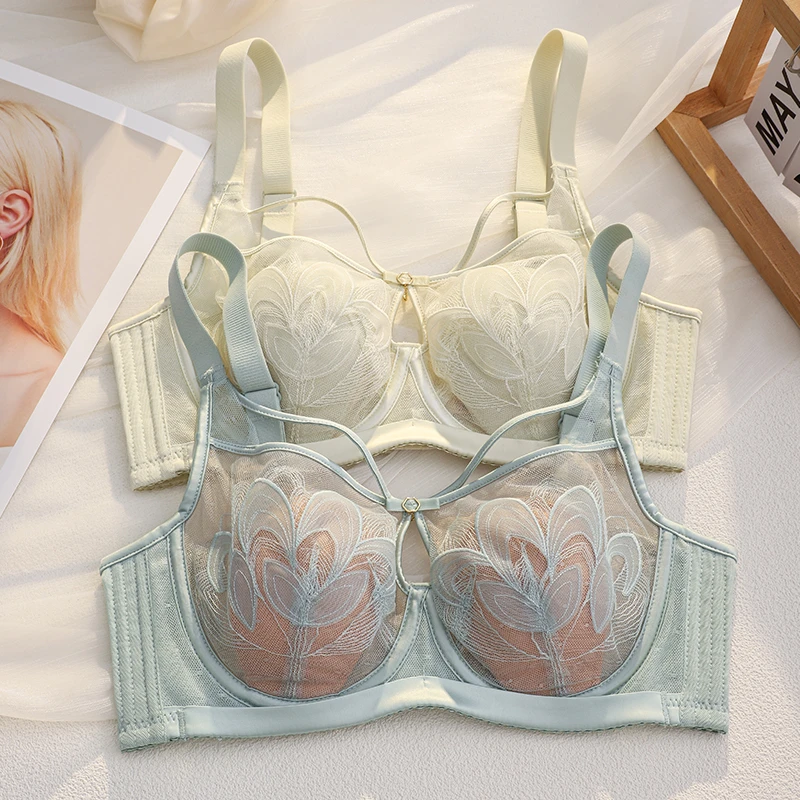 法式性感内衣女大胸显小薄款收副乳防下垂调整型软钢圈文胸罩夏季