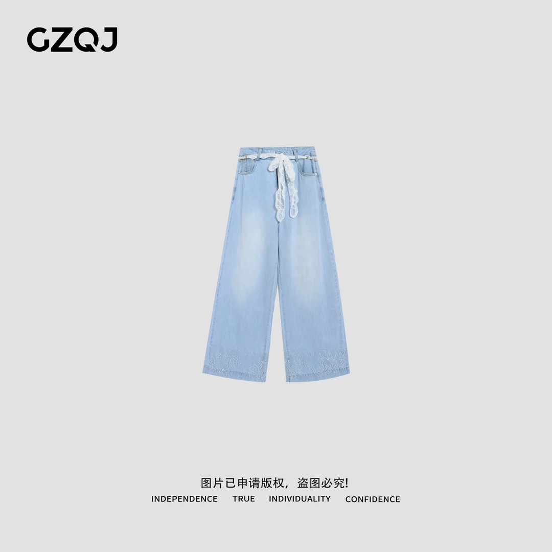 GZQJ【涧风织语】 欧若风高街百搭蕾丝腰带直筒牛仔裤女 79112