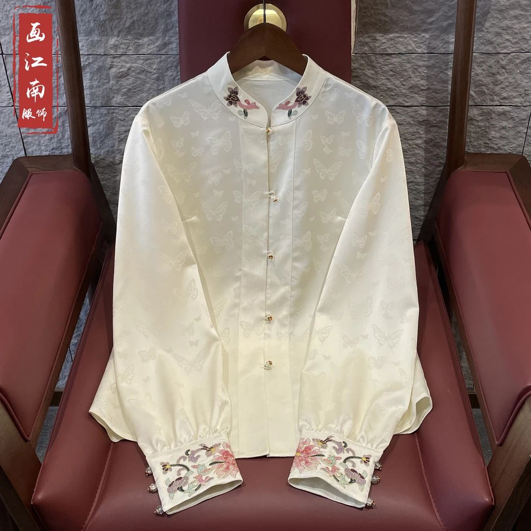 【薇兰】2025新款春季国风衬衣女装新中式立领绣花气质打底长袖衬衫