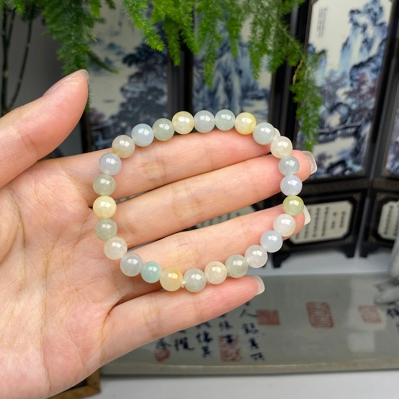 冰黄三彩圆珠手链 天然翡翠A货