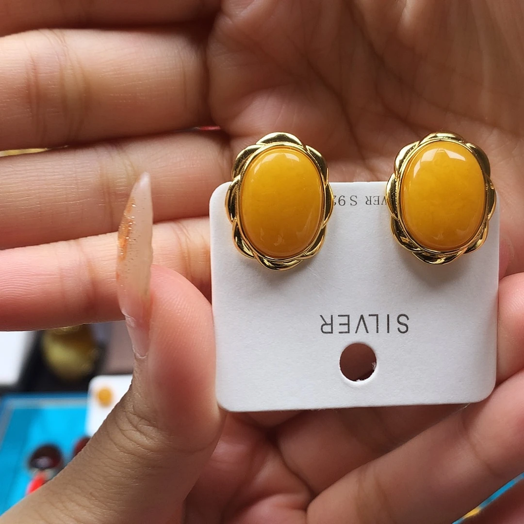 蜜蜡银S925镶嵌耳饰耳钉