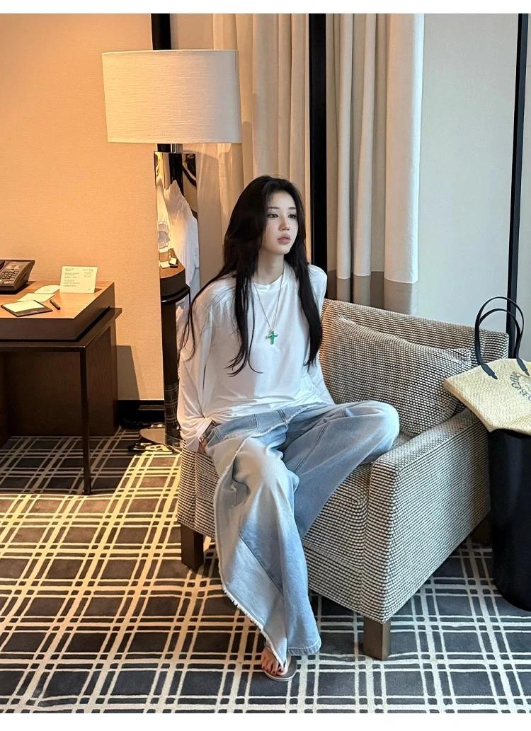 不冷BULENG 云感呼吸氧气T恤长袖女早秋舒适薄款宽松上衣