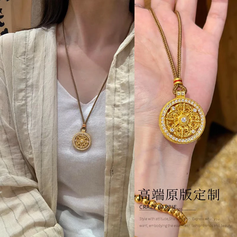 铜合金项链 韦雪同款彩钻八宝罗盘吊坠轻奢高级感毛衣链编绳项链