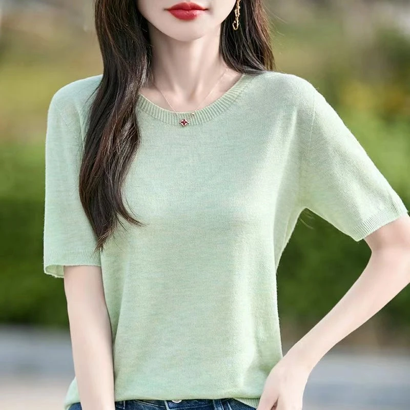 【一线成衣】夏季新款精纺羊毛针织纯色圆领短袖时尚百搭宽松显瘦