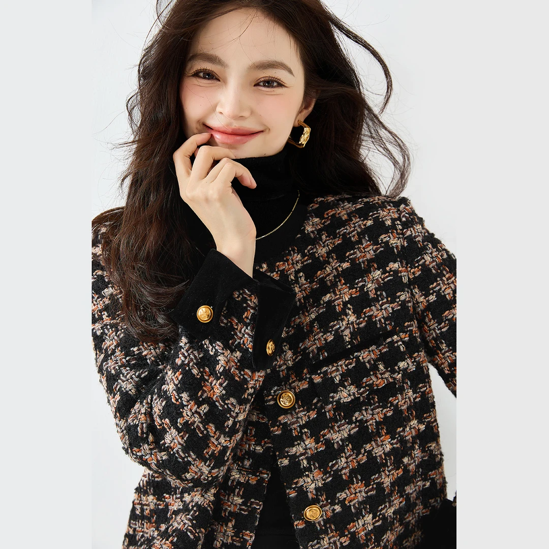 2025秋经典格纹小香风外套女复古风丝绒拼接粗花呢短外套女装上衣