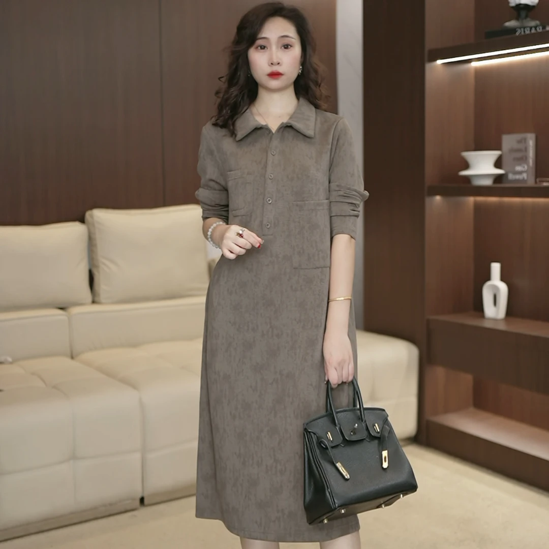 简单大方早秋流行穿搭长袖连衣裙女秋季显瘦洋气遮肚子中长裙3598