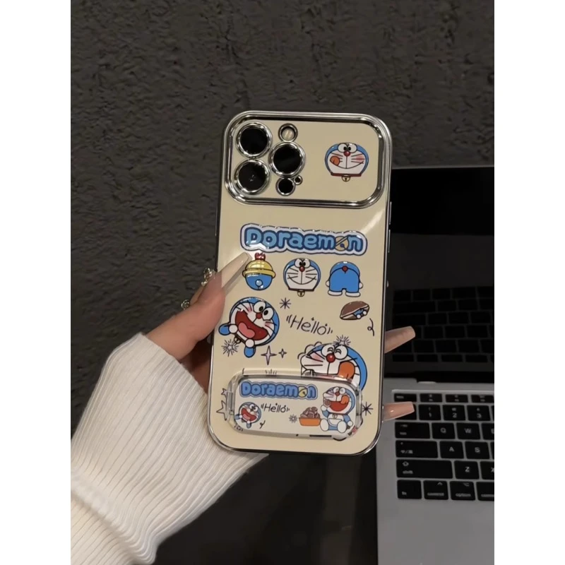 多啦a梦镜面支架适用苹果16华为vivo小米15OPPO电镀大视窗手机壳