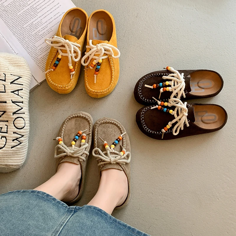 勃肯鞋复古串珠厚底包头半拖女外穿2025新款韩版内增高休闲懒人拖