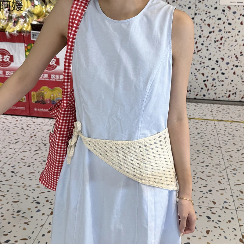 针织镂空巾夏女田园发带白色新款色简约屁帘叠穿腰封三角巾系腰