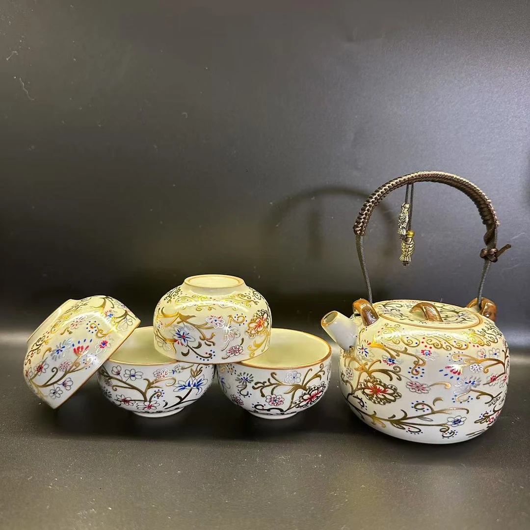 描金牡丹缠枝提梁壶一壶四杯2270轻奢创意陶瓷欧式珐琅彩中式