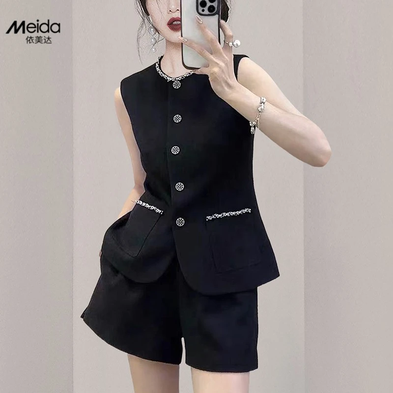 名媛小香风无袖马甲时尚套装女2025年夏季新款高腰阔腿短裤两件套