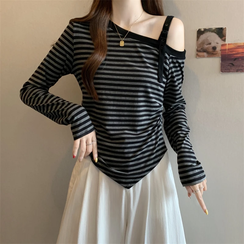 韩系斜领条纹长袖T恤女2025秋新款大码胖mm显瘦修身独特漂亮小衫