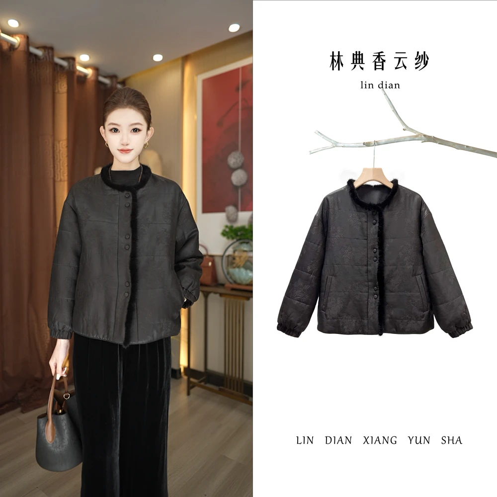 【林典】棉服女款爆款外套洋气丝绒水貂毛边妈妈冬装加绒外套3167-1