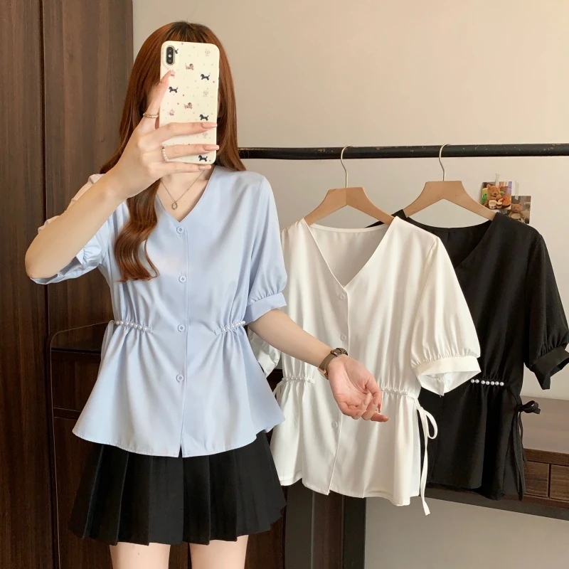 大码女装短袖v领衬衫2025新款褶皱收腰显瘦设计宽松气质上衣衬衣