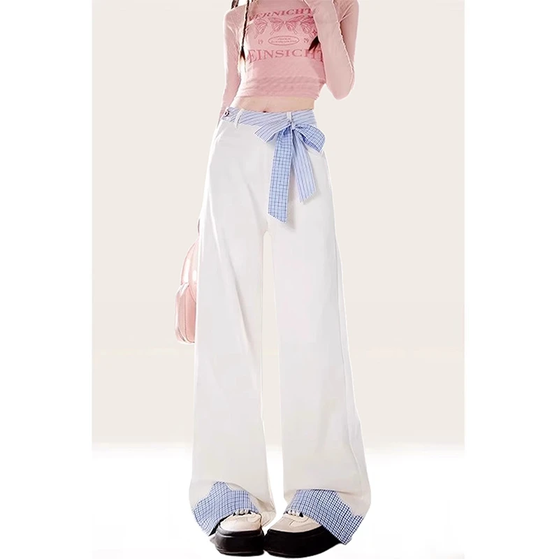 白色蝴蝶结绑带格子拼接牛仔裤女春秋季新款直筒宽松显瘦阔腿裤子