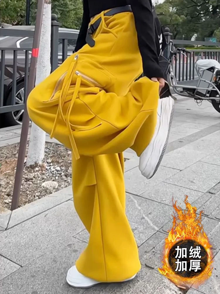 美式工装风飘带拉链口袋设计加绒厚款高腰垂感拖地休闲阔腿裤女冬
