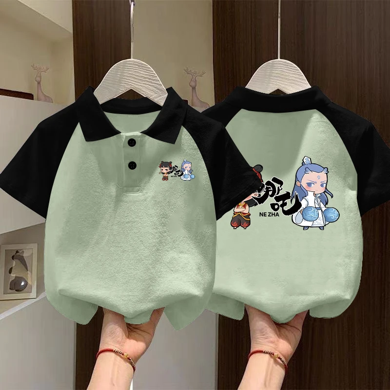 男童夏季哪吒polo衫短袖2025新款宝宝帅气翻领t恤中国风拼接上衣