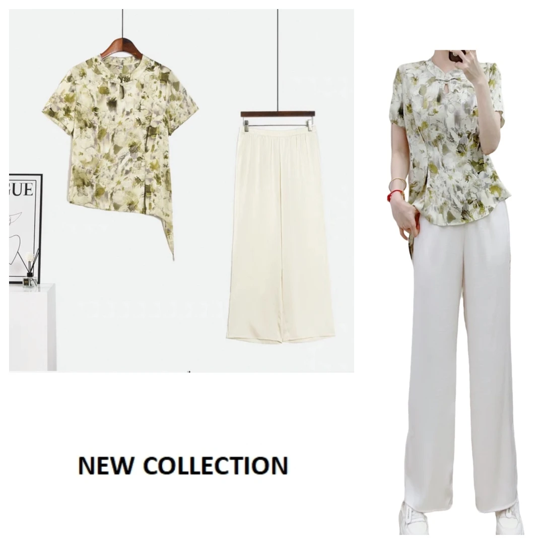 T062新中式国风小衫新款女装春夏薄款套装