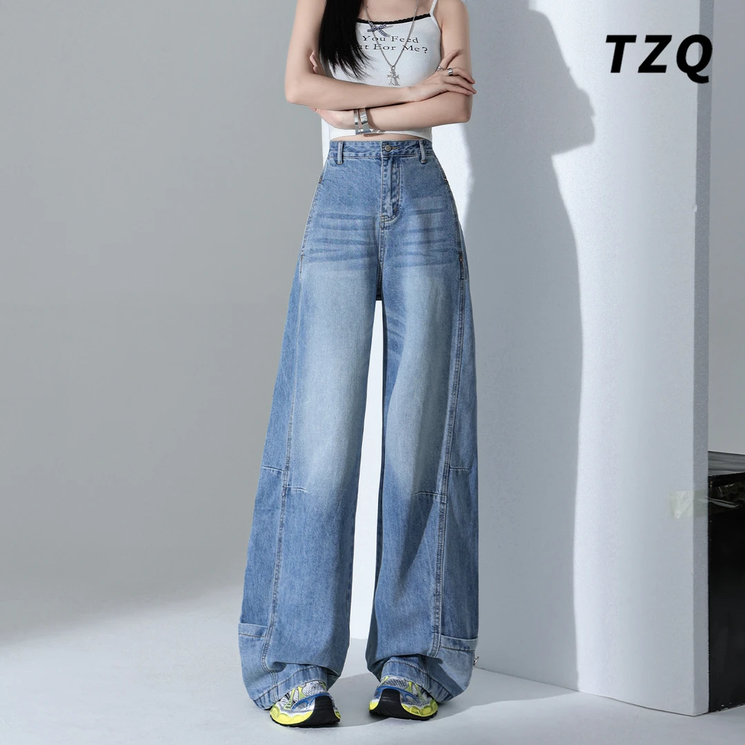 水洗厚款复古阔腿牛仔裤女秋季高腰设计感宽松休闲长裤TZQ2572205