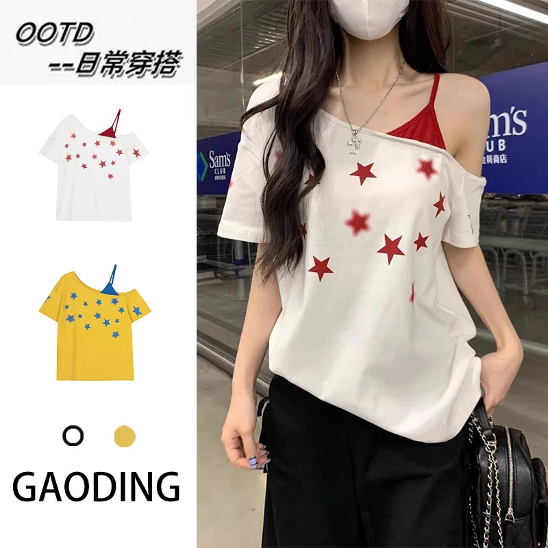 美式辣妹星星印花斜肩短袖T恤女夏季小众别致宽松显瘦假两件上衣