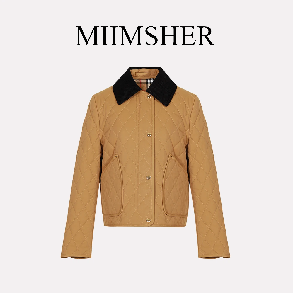 英伦风冬季新款小个子短款女菱形格灯芯绒翻领绗缝棉服MS248083