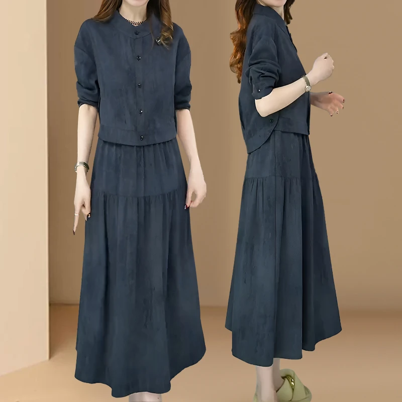 法式宽松连衣裙女2025春秋新款洋气减龄妈妈装简约时尚假两件长裙