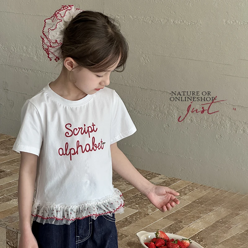 女童短袖T恤2025夏季新款儿童韩系甜美女孩蕾丝花边上衣中大童装