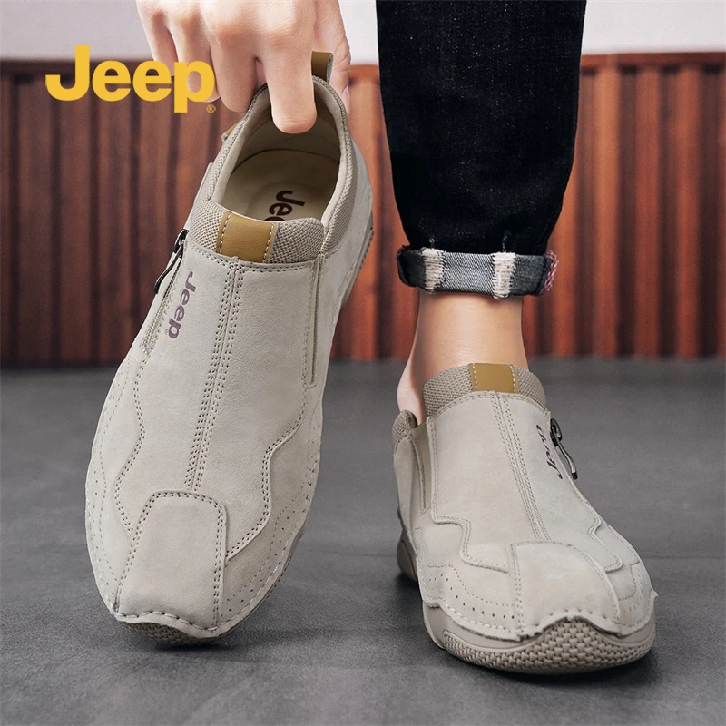 JEEP/吉普2025夏季新款真皮男鞋时尚一脚蹬厚底耐磨户外休闲板鞋